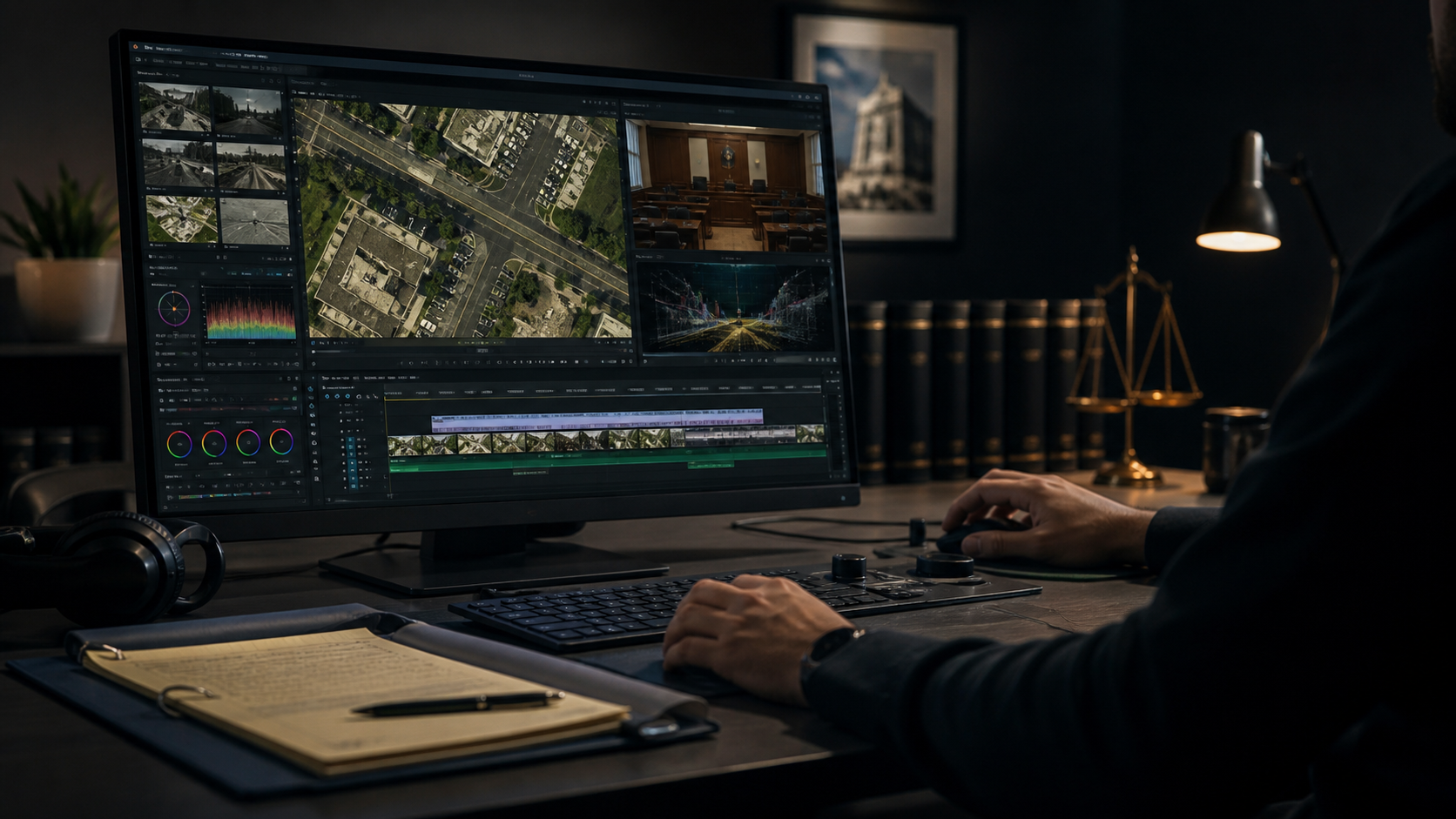 Postproduction workstation preparing aerial footage for courtroom visuals