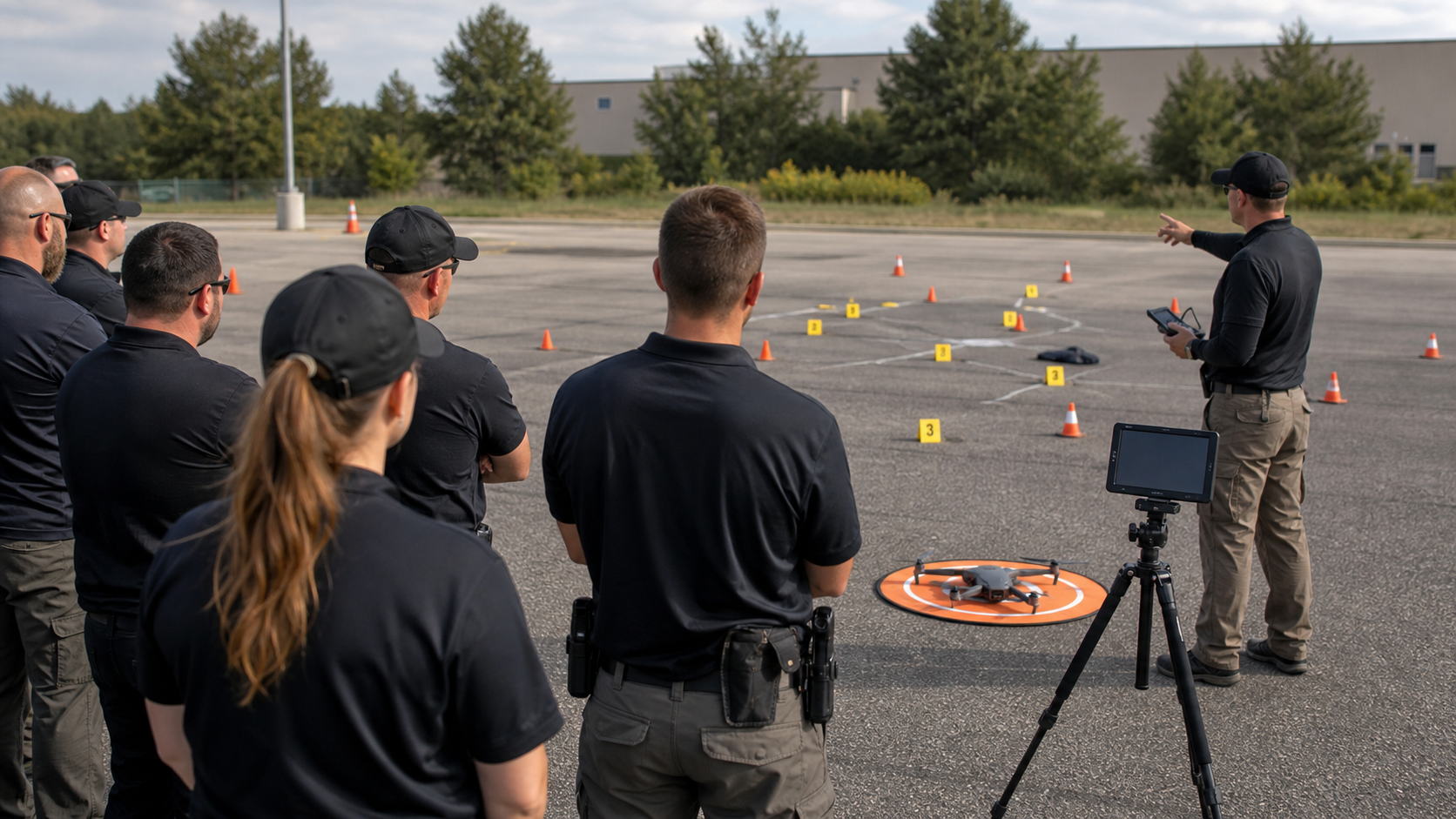 UAS crime scene videography training with officers and drone equipment